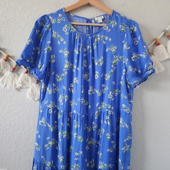 J. Crew Blue Floral Puff Sleeve Tiered Midi Dress Boho Peasant Flowy Beachy L - Picture 5 of 13